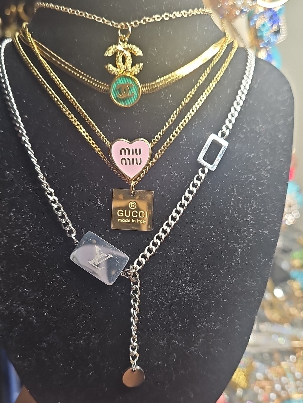 Mixed Designer Logo Layered Necklace Set in Gold, Pink & Silver